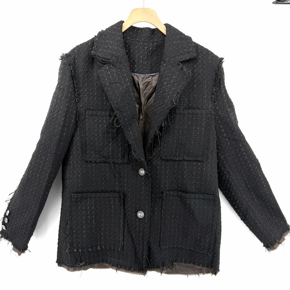 Distressed Tweed Blazer Charcoal Dark Academia Matin Kim Style OS Korean Style